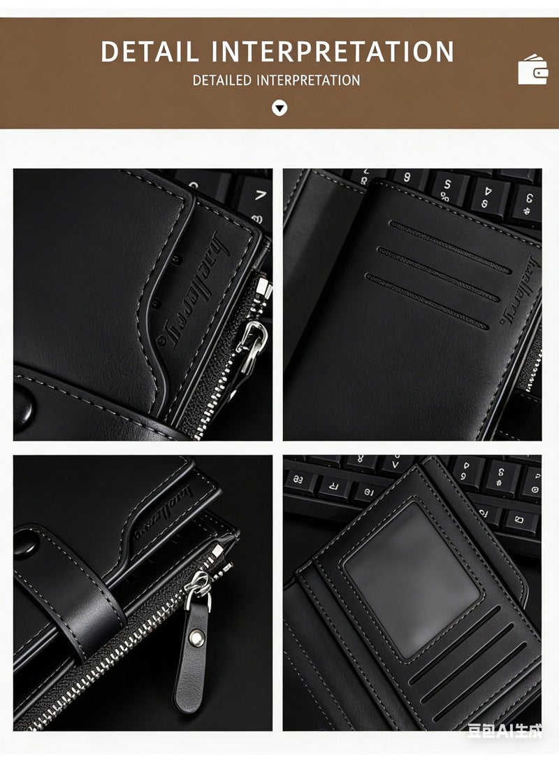 baellerry Ramadan's Practical Gift | BAELLERY Men's Black PU Wallet - 17 Card Slots, Zippered Coin Pocket & Bill Compartment, Slim & Durable - Image 4